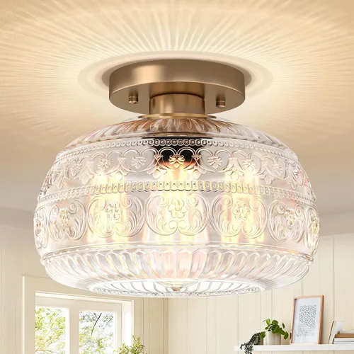 Vista 12 de Lámpara de Techo Semiempotrada, Luminaria Moderna Mejorada Cerca del Techo con Vidrio Transparente, Dorada, Iluminación Interior para Cocina