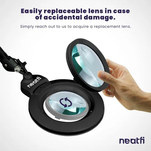 Vista 7 de Neatfi XL lupa LED bifocal, lente acrílica de 7 pulgadas, aumento 5D/20D, manos libres, luz regulable, 168 LEDs SMD, brazo ajustable para Negro