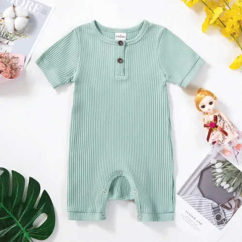 Vista 2 de Mameluco de una pieza para bebé recién nacido, traje de mameluco acanalado sólido para bebé niño