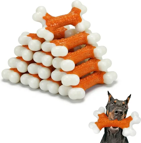 Vista 12 de Juguetes duros para perros masticadores agresivos de raza grande y mediana con sabor a tocino, juguete de hueso para perros, de nailon resistente