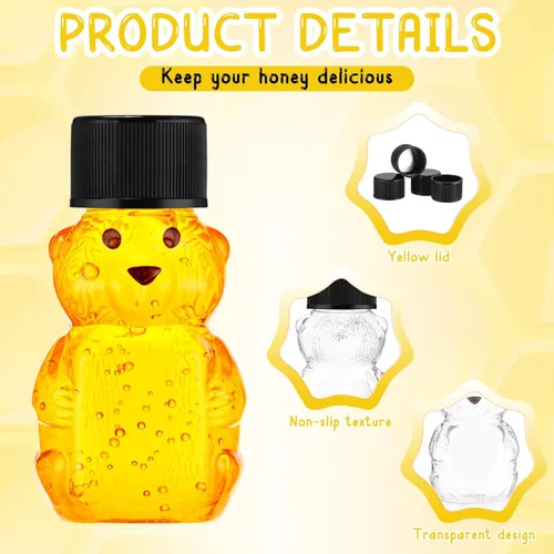 Vista 3 de Patelai 96 botellas de plástico de 2 onzas con forma de oso de miel transparente con forma de oso, dispensador de miel vacío con tapa, tarros