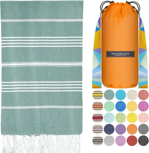 Vista 8 de Madamelique Toalla de playa turca con bolsa de playa, 39 x 74 pulgadas, toallas de playa prelavadas de gran tamaño, 100 % algodón, secado rápido