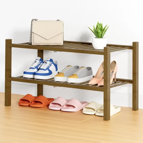 Vista 102 de Smiry Zapatero pequeño de bambú de 2 niveles, apilable, estante de almacenamiento de zapatos de madera para armario, entrada, entrada de puerta Negro