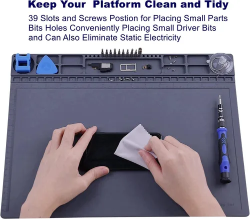 Vista 3 de IUZIT - Alfombrilla antiestática para construcción de PC, reparación de electrónica de computadora, resistente al calor, 932 F ESD, con cable