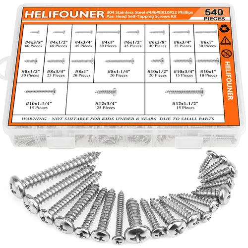 Vista 16 de HELIFOUNER - Juego de 250 tornillos para madera Phillips Pan Head Autorroscantes #2 x 1/4" 3/8" 1/2" 5/8" 3/4", kit surtido de 250 tornillos