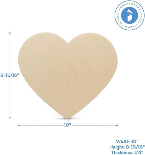 Vista 2 de Corazones de madera para manualidades, corazones de madera de 10 pulgadas, 1/4 de pulgada de grosor, paquete de 1 corazón de madera sin terminar