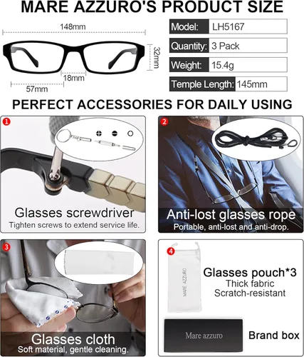 Vista 6 de MARE AZZURO Gafas de lectura para hombre, 3 unidades, de moda, para lectores grandes, bifocales