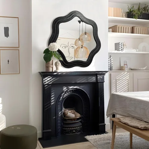 Vista 7 de Glitzhome Wavy Wall Miroor - 33.5''D Round Accent Mirror Decorative or Bedroom Living Room Entryway Hallway, Black Wood Frame