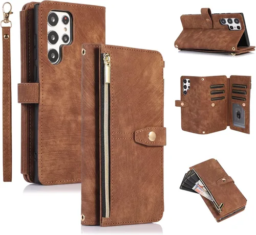 Vista 11 de UEEBAI Funda tipo cartera para Samsung Galaxy S22 5G, Retro 9 ranuras para tarjetero, bolsillo con cremallera, cierre magnético, función atril