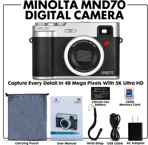 Vista 3 de Minolta Cámara digital retro – Compacta de 48MP con enfoque automático, video ultra HD de 5K, lente selfie trasera, zoom 16x, WiFi, pantalla LCD