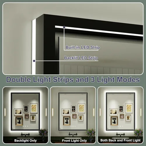 Vista 3 de Espejo LED negro de 20 x 28 pulgadas para baño con luces delanteras y traseras, ajustable de 3000 K/4500 K/6000 K, espejo de tocador de baño