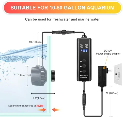 Vista 2 de 1050GPH Bomba de Olas para Acuario con Controlador Mini DC12V 6W Powerhead con Montaje Magnético, Nano Wavemaker para Tanques de 10 a 50 Galones