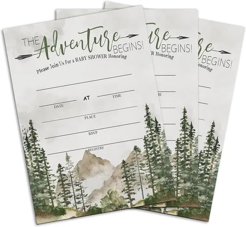 Vista 3 de Yuansail Tarjetas de invitación para baby shower, The Adventure Begins Rellenar tarjetas de invitaciones, 25 tarjetas y sobres - (bb003-yaoqing)