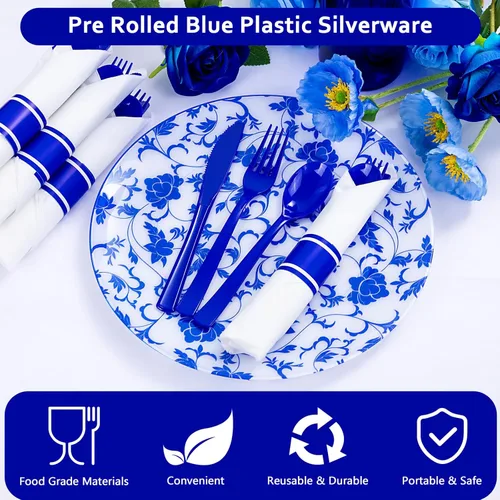 Vista 9 de Juego de 400 cubiertos de plástico azul preenrollados, cubiertos azules resistentes, incluye 100 utensilios desechables envueltos con servilletas