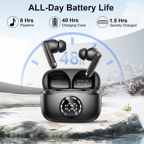 Vista 3 de Auriculares inalámbricos Bluetooth 5.4, auriculares estéreo con graves, auriculares con micrófonos de cancelación de ruido ENC, auriculares