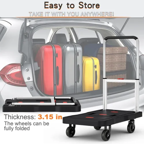 Vista 7 de Carro de empuje plegable para camión de plataforma, capacidad de peso de 330 libras, mango ajustable para carretilla de mano con ruedas giratorias
