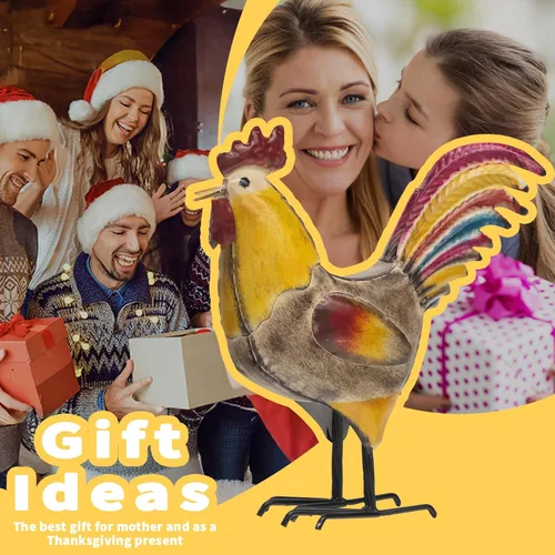 Vista 6 de MODE HOME Juego de 2 figuras rústicas de gallo y gallina de metal, pintadas a mano, decoración de pollo de granja, impermeable, para interiores