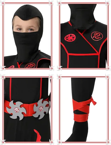 Vista 3 de Disfraz de Ninja Deluxe de Halloween para niños, disfraz de Ninja con accesorios de espuma Ninja