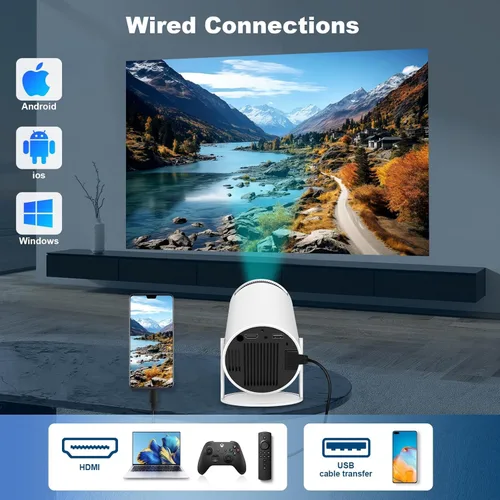 Vista 7 de Mini proyector, compatible con proyector portátil 4K 1080P con doble banda WIFI6 5G inalámbrico 5.2 Bluetooth Android 11, 200 lúmenes ANSI, rotación