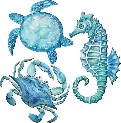 Vista 11 de Tatuo 3 piezas de decoración de pared costera de verano para baño, playa, arte de pared azul, tortuga de mar, tabla de surf, caballito de mar