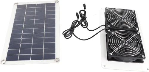 Vista 8 de Kit de ventilador de panel solar, kit de ventilador doble, ventilador solar ambiental para mascotas, energía solar, portátil, para gallineros