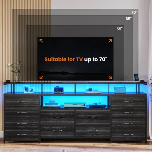 Vista 2 de BTHFST Mueble de TV de 12 cajones para TV de 65/70 pulgadas, centro de entretenimiento con luces LED y tomas de corriente, mueble de TV LED grande