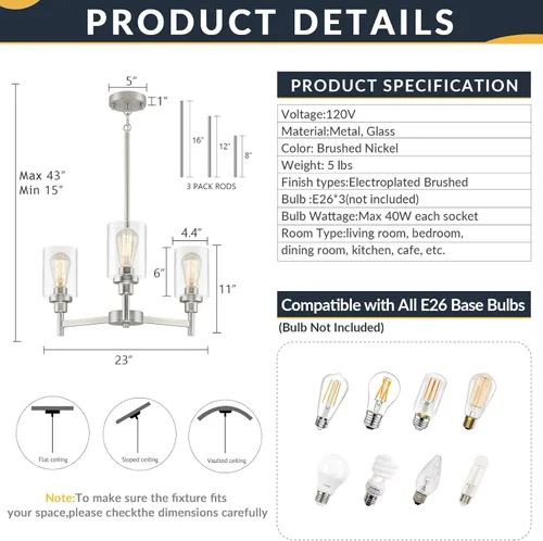 Vista 5 de Candelabros de níquel cepillado de 3 luces para comedor, lámpara colgante sobre mesa, candelabro de entrada para vestíbulo, accesorios