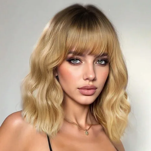 Vista 14 de AISI HAIR Peluca rizada estilo Bob con flequillo, pelucas cortas onduladas de color rubio arena para mujer, estilo Bob, pelucas sintéticas