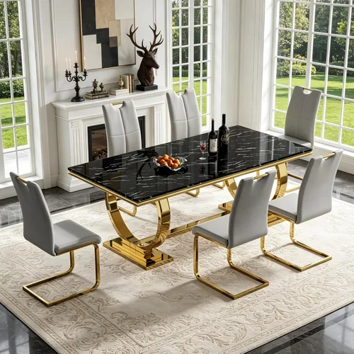 Vista 25 de 5 Piece Black Marble Dining Table Set for 4, Modern Faux Marble Kitchen Dining Room Tables with 4 Leather Chairs Set, 68.11" Luxury Rectangular