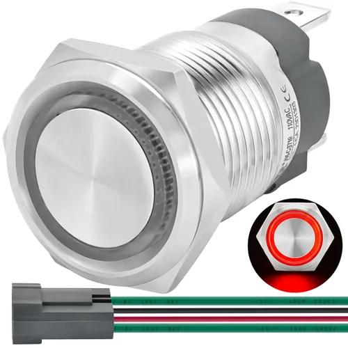 Vista 16 de Interruptor de botón de enclavamiento ZJWZJH de 15 amperios, 16 mm, resistente al agua IP67, 12 V CC, 24 V de encendido y apagado, SPST, luz LED Azul