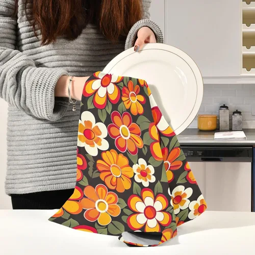 Vista 6 de GAIREG Orange Retro Hippie Flowers Kitchen Rags and Towels Set, 28x18 Decorative Kitchen Cooking Towels, Set of 6