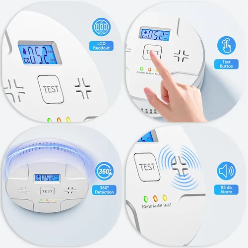 Vista 5 de Paquete de 5, detector de humo detector de monóxido de carbono, detección 2 en 1, alarma de 85 dB, indicador LED, pantallas digitales LCD, funciona