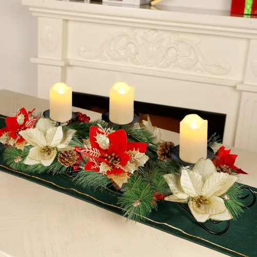 Vista 5 de Joliyoou - Piezas centrales de mesa de Navidad, portavelas de Poinsettia de Navidad de 44.5 cm de largo con 3 luces de velas alimentadas por