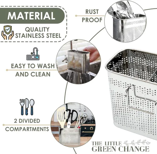 Vista 3 de Utensilios de cocina, soporte para palillos, cesta de secado con ganchos, 2 compartimentos divididos, acero inoxidable de calidad, grande, 5.4