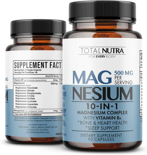 Suplemento de magnesio 10 en 1 de 500 mg | Complejo de magnesio de alta absorción con glicinato mag, citrato, vitamina B6 y magnesio para dormir,