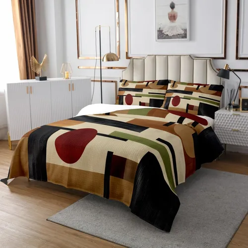 Vista 3 de Juego de edredón de geometría abstracta para niños y adolescentes, colcha de edredón de estilo retro, juego de ropa de cama de rayas cuadradas