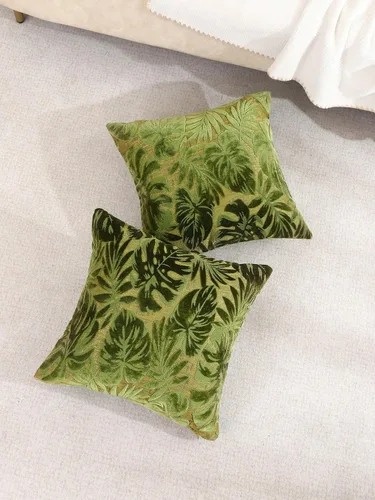 Vista 3 de QWINEE 2 fundas de almohada de jacquard con hojas para el hogar, dormitorio, sofá, decoración verde militar, 22 x 22 pulgadas