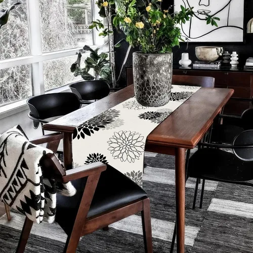 Vista 7 de Camino de mesa negro y gris con flores de dalia pinnata, beige, moderno, elegante, pompones, geométrico, decoración central para el hogar, cocina