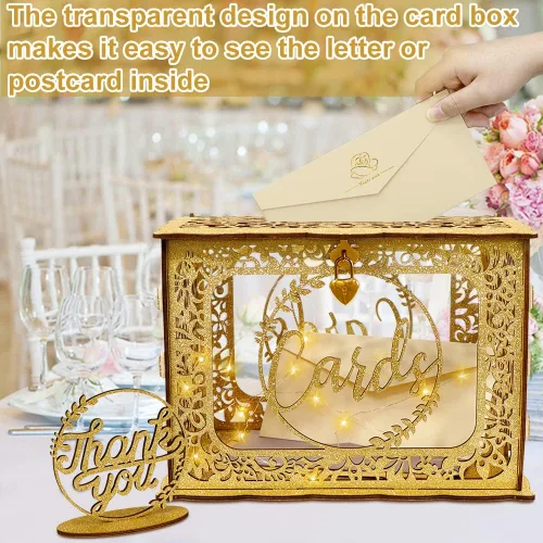 Vista 4 de OurWarm Caja de Tarjetas Dorada para Boda, Caja de Tarjetas de Boda de Madera con Purpurina con Cerradura de Corazón y Luces Decorativas, Caja