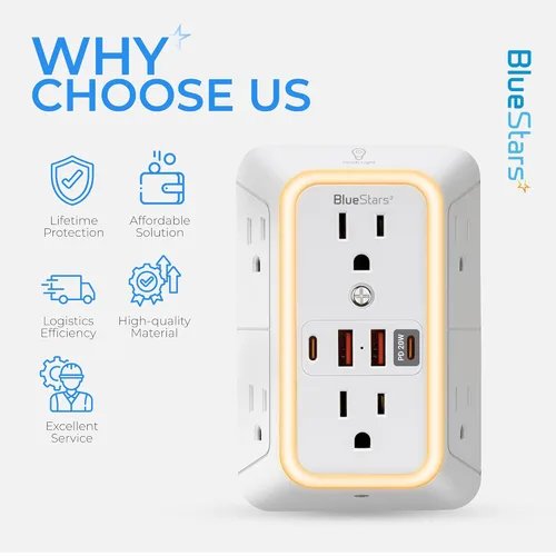 Vista 11 de Extensor de salida protector de sobretensiones, 6 salidas y 4 puertos USB con carga rápida tipo C PD 20W, luz nocturna, tira de alimentación de 3