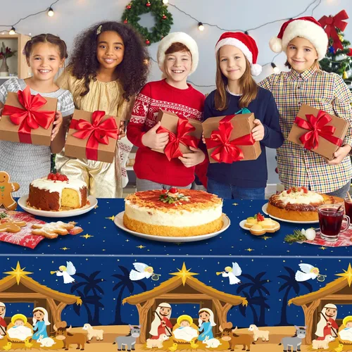 Vista 5 de Hahafelt 3 piezas de mantel de Navidad con escena del Nacimiento, 54 x 108 pulgadas, desechable, mantel de Adviento de Navidad, mantel religioso