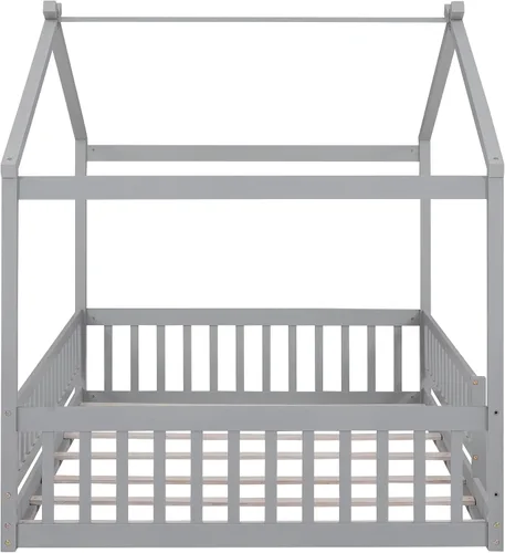 Vista 5 de Harper & Bright Designs Cama Montessori de tamaño matrimonial, cama de piso para niños con barandilla de valla, marcos de cama matrimonial de madera