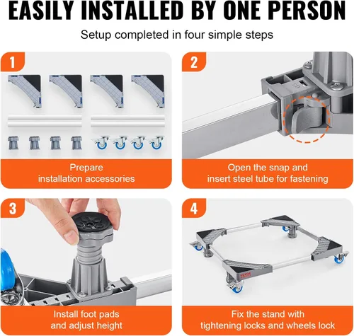 Vista 4 de VEVOR Mini soporte para nevera, base ajustable de 16 a 25 pulgadas para lavadora con 4 pies fuertes, 4 ruedas giratorias de bloqueo, base móvil