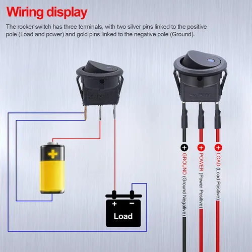 Vista 3 de Twidec /8 unids SPST Punto redondo iluminado interruptor basculante Control de palanca para coche o barco 20A 12V DC On/Off luz LED azul con cables