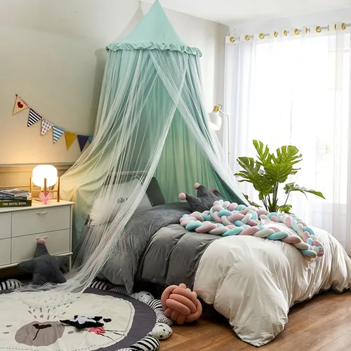 Vista 3 de VETHIN Toldo de cama para niños con luces, doble capa de cúpula redonda de princesa para niños, mosquitera de ensueño, habitación de niñas