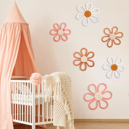 Vista 4 de Barydat 6 piezas de decoración de guardería boho, flor de margarita tejida, colgante de pared de macramé, 3 tamaños, decoración de pared con flores