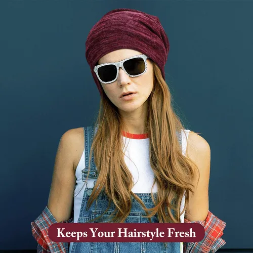 Vista 20 de 4 Pieces Satin Lined Beanie Cap Satin Sleep Lined Hat Slouchy Beanie Hat Night Silk Hair Cap for Women Men