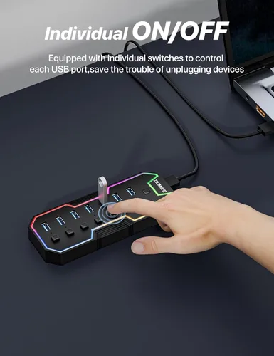 Vista 5 de ZIUMIER Hub USB 3.0, expansor USB de 7 puertos con tira LED RGB, concentrador USB para laptop, interruptores LED individuales de encendido/apagado