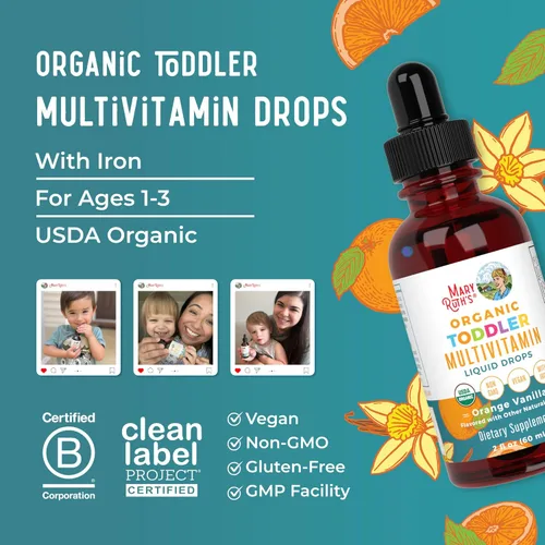Vista 8 de MaryRuth Organics Multivitamínico y multimineral con hierro para niños pequeños USDA Organic Sin azúcar Gotas líquidas multivitamínicas