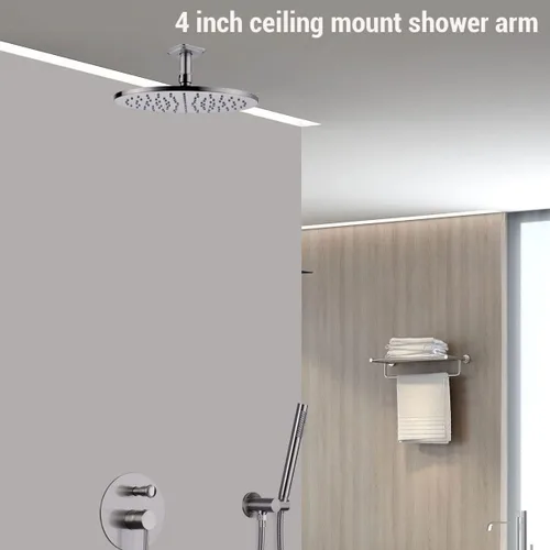 Vista 2 de Brazo de ducha con brida de acero inoxidable de 4 pulgadas, extensión recta montada en el techo para cabezal de ducha de lluvia superior, níquel